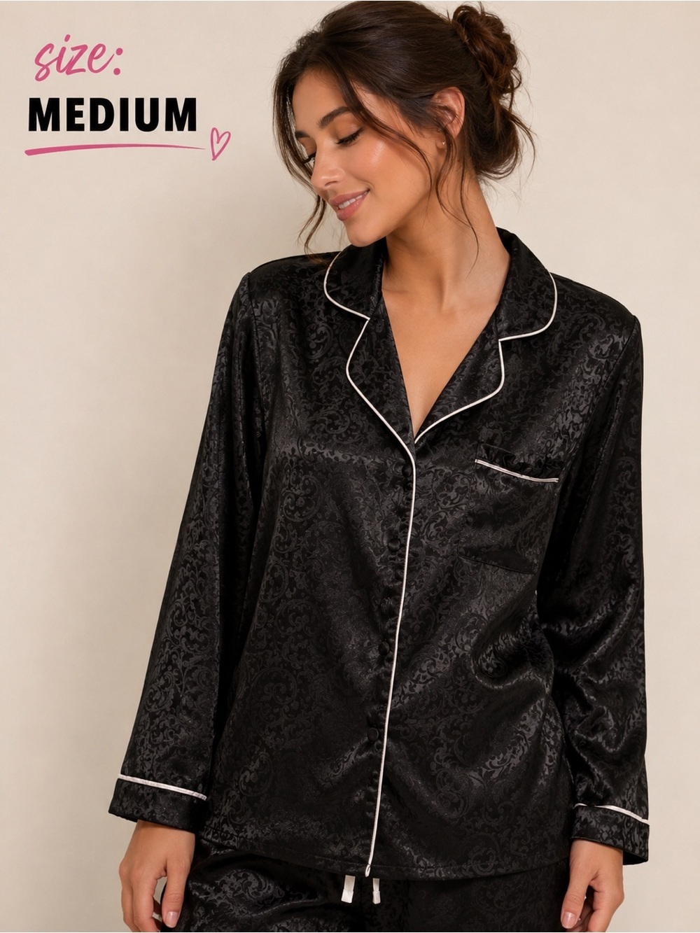 Secret Treasures Black Satin Paisley Pajama Top MEDIUM pit to pit 16in